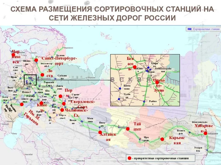 СХЕМА РАЗМЕЩЕНИЯ СОРТИРОВОЧНЫХ СТАНЦИЙ НА СЕТИ ЖЕЛЕЗНЫХ ДОРОГ РОССИИ Беломорск Инская