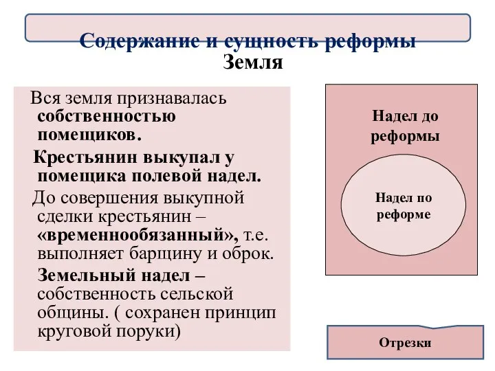 Земля Вся земля признавалась собственностью помещиков. Крестьянин выкупал у помещика полевой