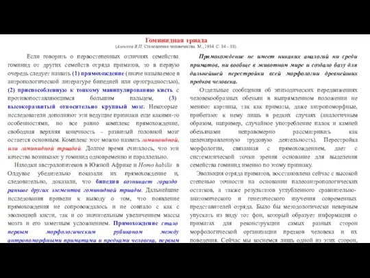 Гоминидная триада (Алексеев В.П. Становление человечества. М., 1984. С. 84 –