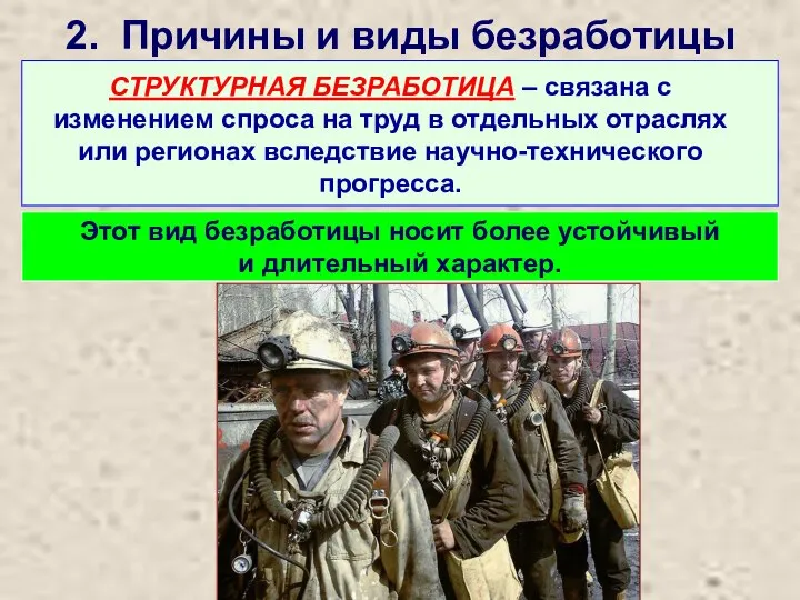 2. Причины и виды безработицы СТРУКТУРНАЯ БЕЗРАБОТИЦА – связана с изменением