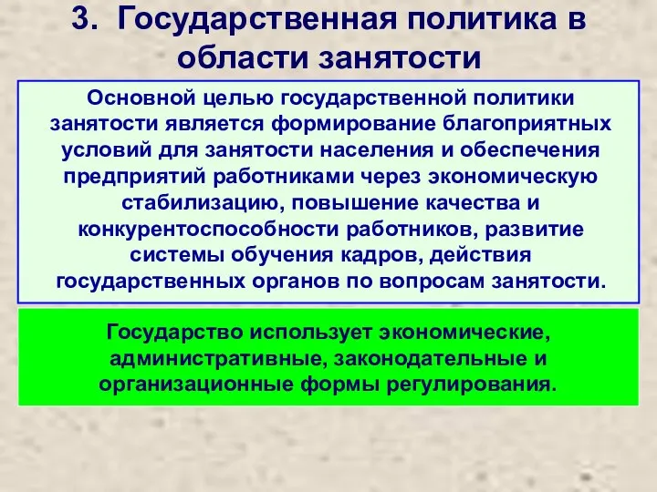 3. Государственная политика в области занятости Основной целью государственной политики занятости