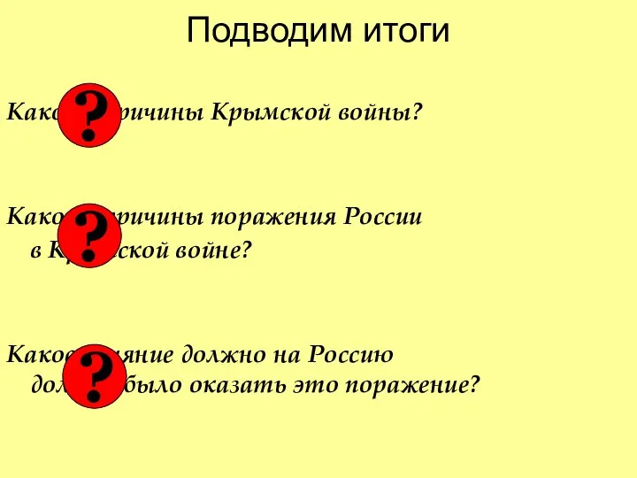 Подводим итоги Каковы причины Крымской войны? Каковы причины поражения России в