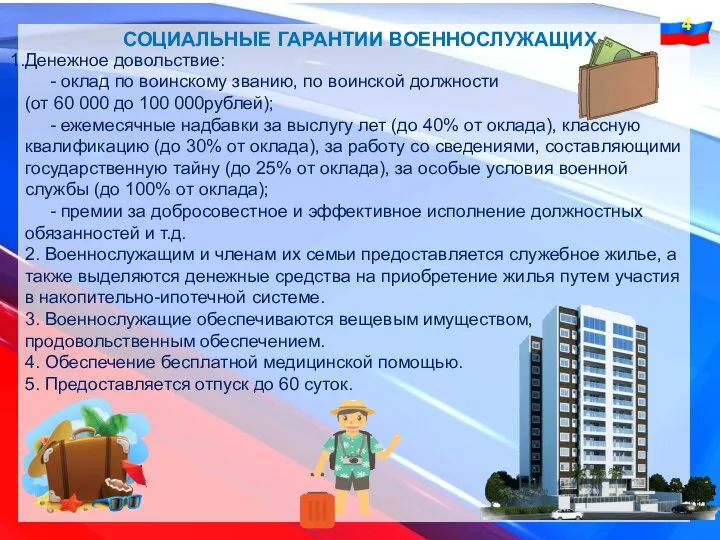 Денежное довольствие: - оклад по воинскому званию, по воинской должности (от