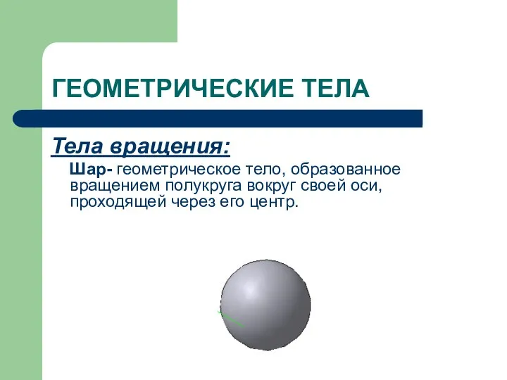 ГЕОМЕТРИЧЕСКИЕ ТЕЛА Тела вращения: Шар- геометрическое тело, образованное вращением полукруга вокруг