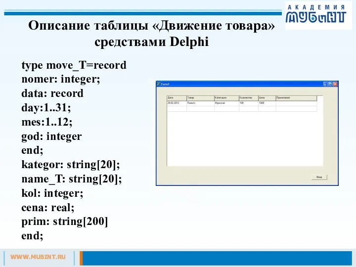 Описание таблицы «Движение товара» средствами Delphi type move_T=record nomer: integer; data: