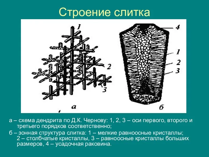 Строение слитка а – схема дендрита по Д.К. Чернову: 1, 2,