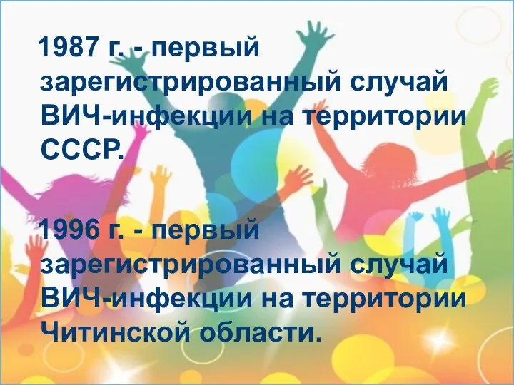 1987 г. - первый зарегистрированный случай ВИЧ-инфекции на территории СССР. 1996