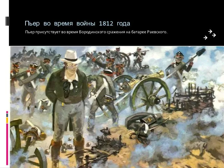 Пьер во время войны 1812 года Пьер присутствует во время Бородинского сражения на батарее Раевского.