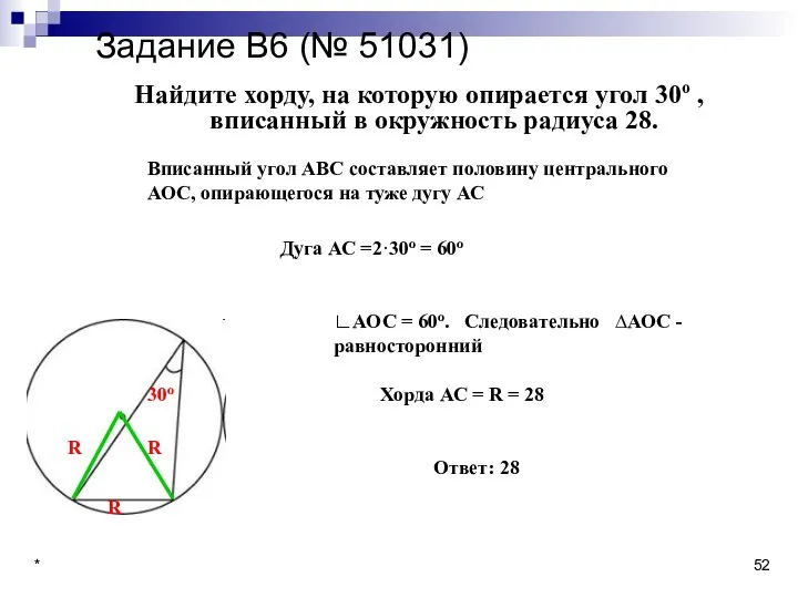 * Задание B6 (№ 51031) Найдите хорду, на которую опирается угол