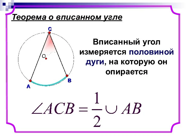 Теорема о вписанном угле Вписанный угол измеряется половиной дуги, на которую он опирается