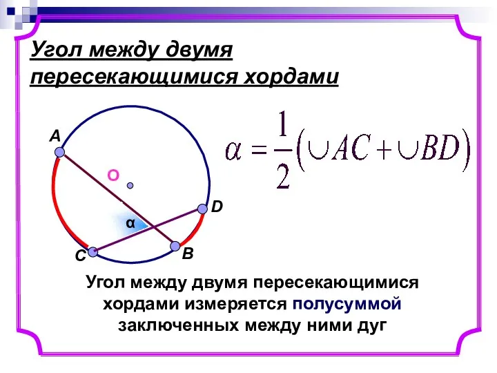 Угол между двумя пересекающимися хордами Угол между двумя пересекающимися хордами измеряется