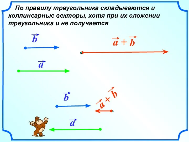 По правилу треугольника складываются и коллинеарные векторы, хотя при их сложении треугольника и не получается