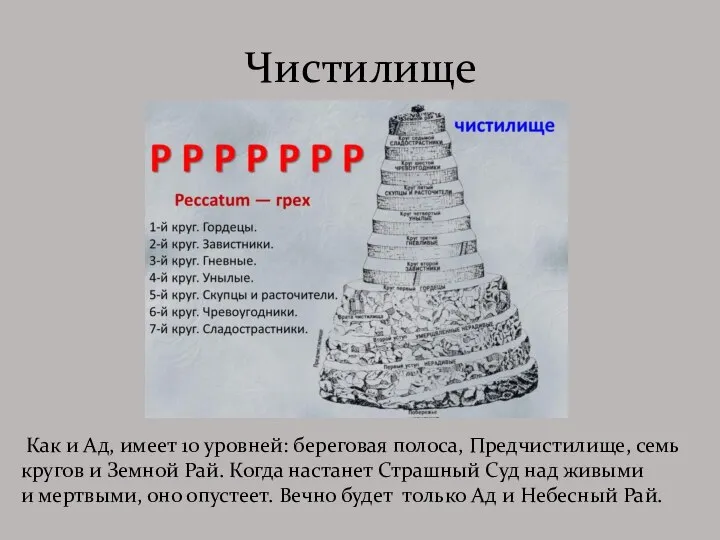 Чистилище Как и Ад, имеет 10 уровней: береговая полоса, Предчистилище, семь