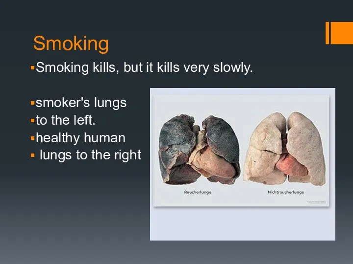 Smoking Smoking kills, but it kills very slowly. smoker's lungs to