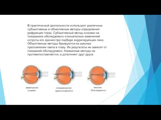 В практической деятельности используют различные субъективные и объективные методы определения рефракции