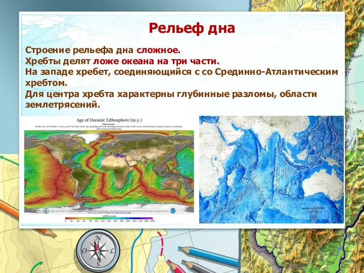 Рельеф дна Строение рельефа дна сложное. Хребты делят ложе океана на