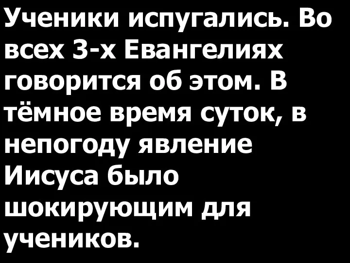 Ученики испугались. Во всех 3-х Евангелиях говорится об этом. В тёмное