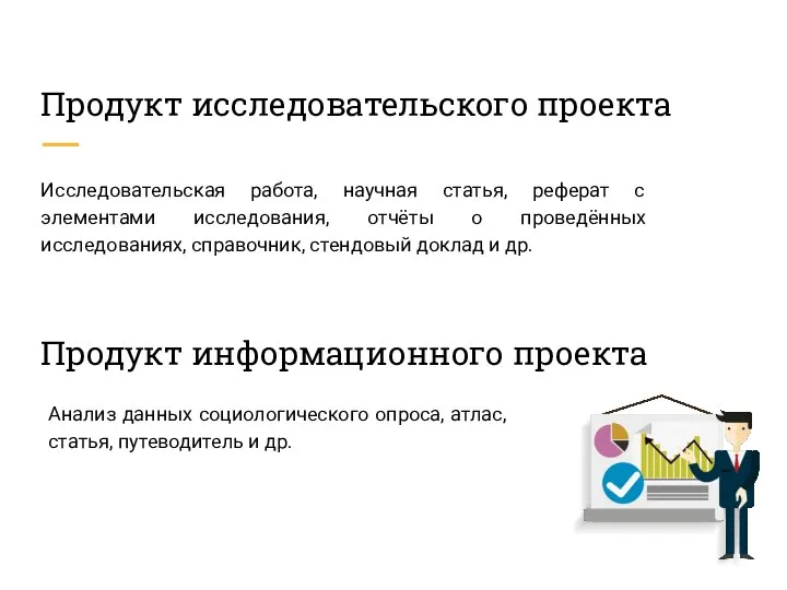 Продукт исследовательского проекта Исследовательская работа, научная статья, реферат с элементами исследования,