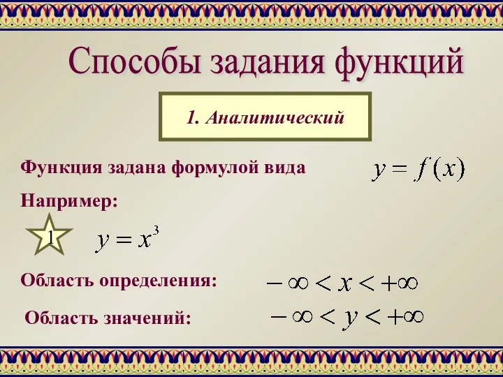 Способы задания функций 1. Аналитический Функция задана формулой вида Например: 1 Область определения: Область значений: