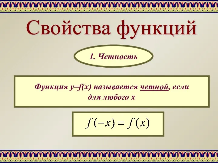 Свойства функций Функция y=f(x) называется четной, если для любого х 1. Четность