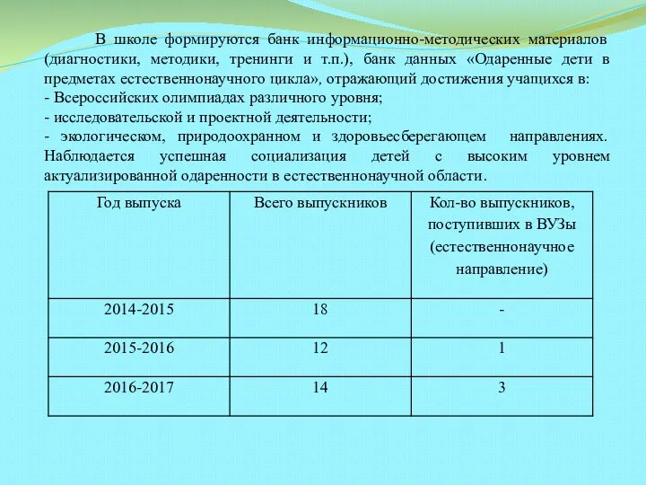 В школе формируются банк информационно-методических материалов (диагностики, методики, тренинги и т.п.),