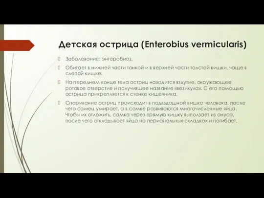 Детская острица (Enterobius vermicularis) Заболевание: энтеробиоз. Обитает в нижней части тонкой