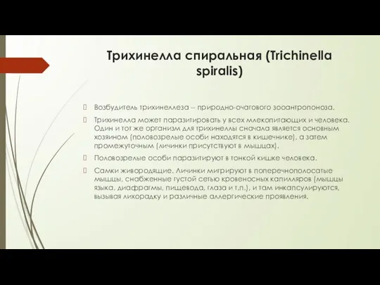 Трихинелла спиральная (Trichinella spiralis) Возбудитель трихинеллеза -- природно-очагового зооантропоноза. Трихинелла может