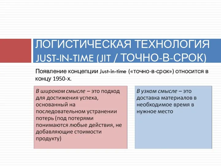 Появление концепции Just-in-time («точно-в-срок») относится в концу 1950-х. ЛОГИСТИЧЕСКАЯ ТЕХНОЛОГИЯ JUST-IN-TIME (JIT / ТОЧНО-В-СРОК)