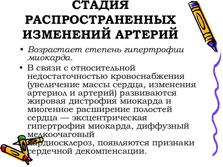 СТАДИЯ РАСПРОСТРАНЕННЫХ ИЗМЕНЕНИЙ АРТЕРИЙ Возрастает степень гипертрофии миокарда. В связи с