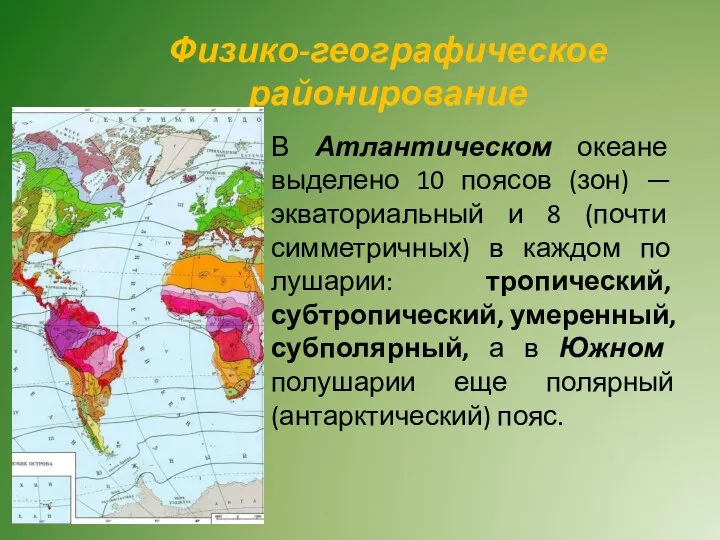 Физико-географическое районирование В Атлантическом океане выделено 10 поясов (зон) — экваториальный