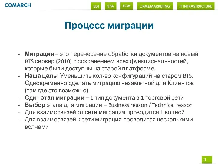 Процесс миграции Миграция – это перенесение обработки документов на новый BTS