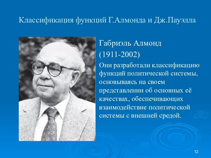 Классификация функций Г.Алмонда и Дж.Пауэлла Габриэль Алмонд (1911-2002) Они разработали классификацию