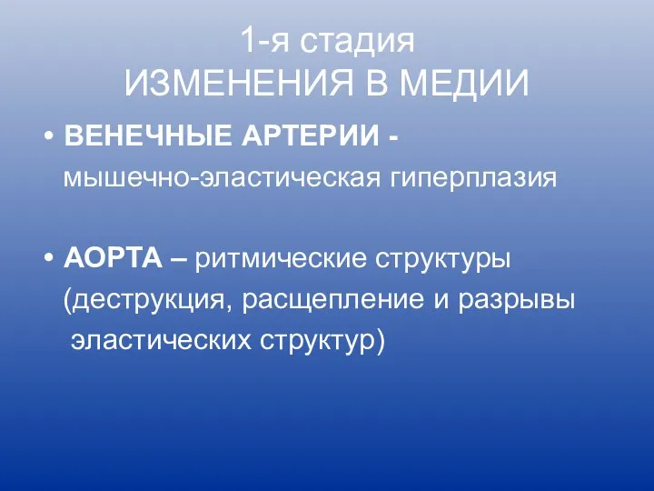 1-я стадия ИЗМЕНЕНИЯ В МЕДИИ ВЕНЕЧНЫЕ АРТЕРИИ - мышечно-эластическая гиперплазия АОРТА