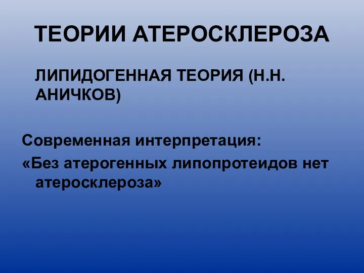 ТЕОРИИ АТЕРОСКЛЕРОЗА ЛИПИДОГЕННАЯ ТЕОРИЯ (Н.Н.АНИЧКОВ) Современная интерпретация: «Без атерогенных липопротеидов нет атеросклероза»