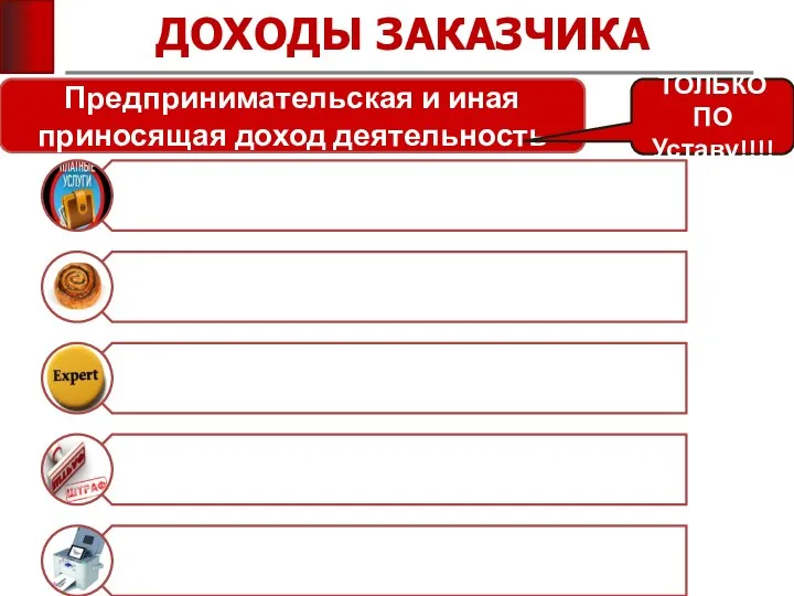 ДОХОДЫ ЗАКАЗЧИКА Предпринимательская и иная приносящая доход деятельность ТОЛЬКО ПО Уставу!!!!