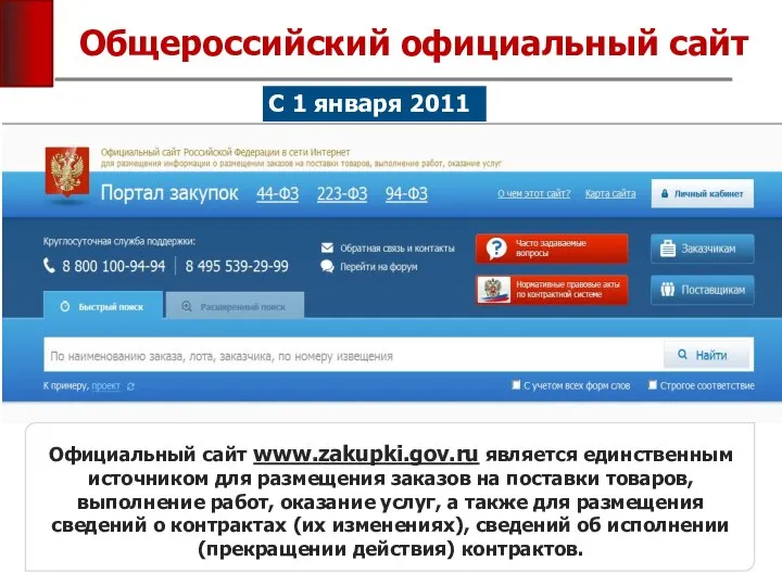 Общероссийский официальный сайт Официальный сайт www.zakupki.gov.ru является единственным источником для размещения