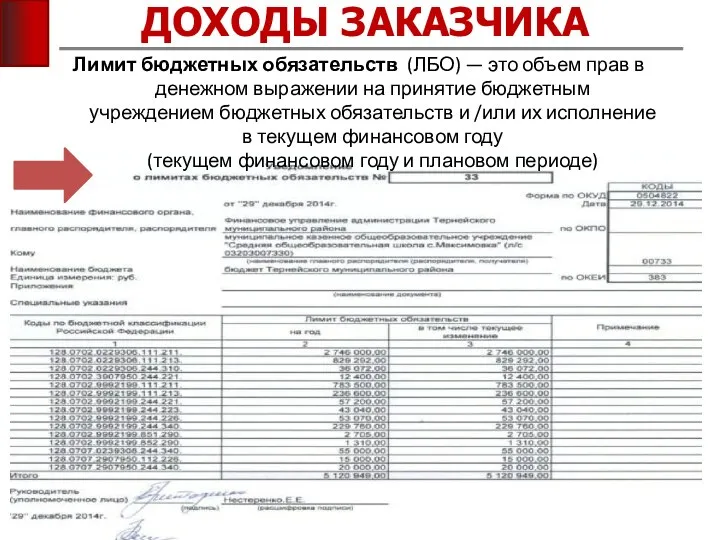 ДОХОДЫ ЗАКАЗЧИКА Лимит бюджетных обязательств (ЛБО) — это объем прав в