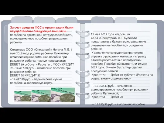 За счет средств ФСС в организации были осуществлены следующие выплаты: пособие