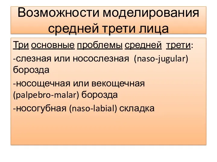 Возможности моделирования средней трети лица Три основные проблемы средней трети: -слезная