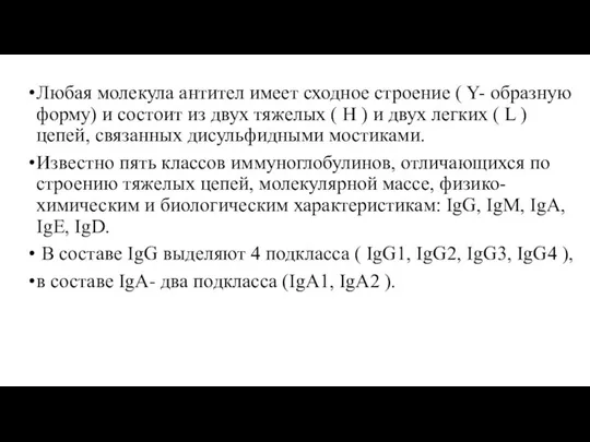 Любая молекула антител имеет сходное строение ( Y- образную форму) и