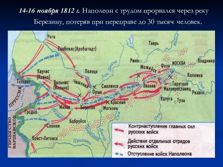 14-16 ноября 1812 г. Наполеон с трудом прорвался через реку Березину,