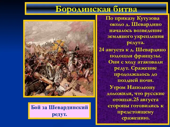 По приказу Кутузова около д. Шевардино началось возведение земляного укрепления редута.
