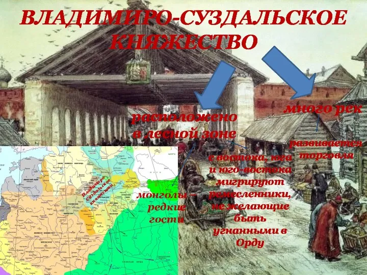 ВЛАДИМИРО-СУЗДАЛЬСКОЕ КНЯЖЕСТВО расположено в лесной зоне монголы – редкие гости много