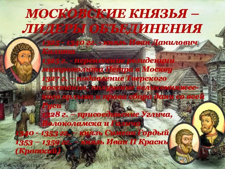 МОСКОВСКИЕ КНЯЗЬЯ – ЛИДЕРЫ ОБЪЕДИНЕНИЯ 1325 - 1340 гг. - князь