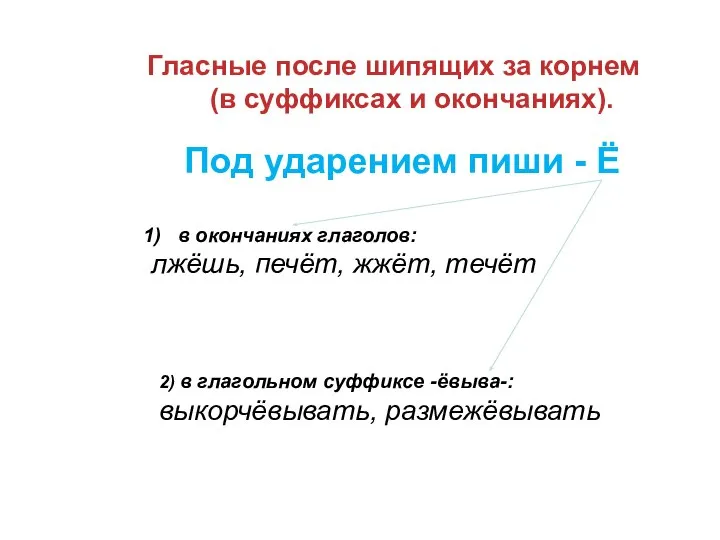 Гласные после шипящих за корнем (в суффиксах и окончаниях). Под ударением