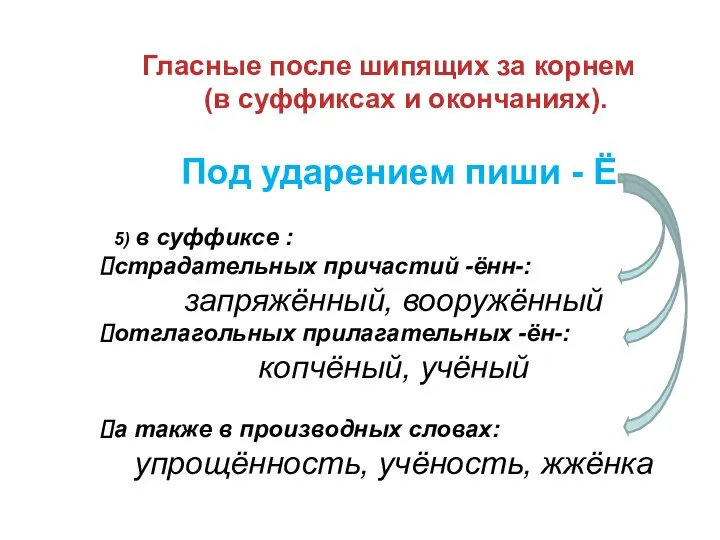 Гласные после шипящих за корнем (в суффиксах и окончаниях). Под ударением