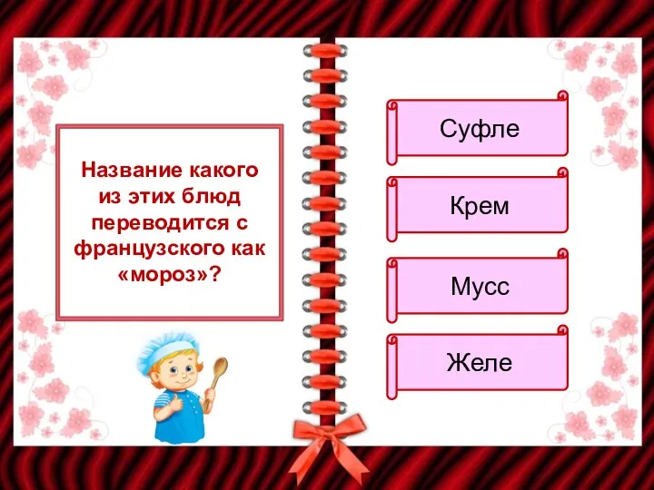 Название какого из этих блюд переводится с французского как «мороз»? Суфле Крем Мусс Желе