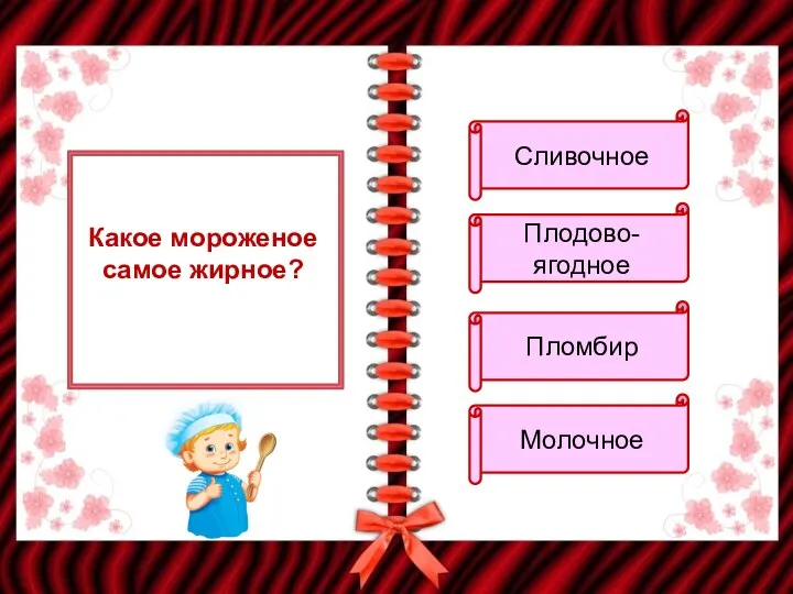 Какое мороженое самое жирное? Сливочное Плодово-ягодное Пломбир Молочное