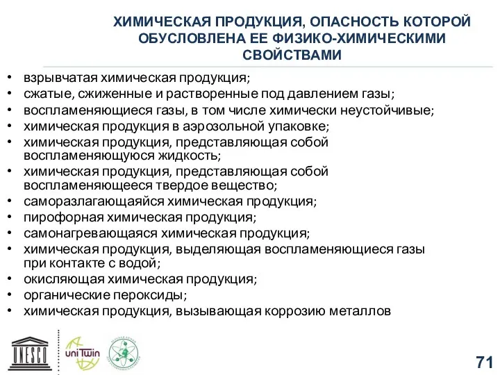 ХИМИЧЕСКАЯ ПРОДУКЦИЯ, ОПАСНОСТЬ КОТОРОЙ ОБУСЛОВЛЕНА ЕЕ ФИЗИКО-ХИМИЧЕСКИМИ СВОЙСТВАМИ взрывчатая химическая продукция;