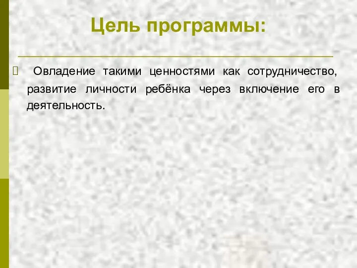 Цель программы: Овладение такими ценностями как сотрудничество, развитие личности ребёнка через включение его в деятельность.